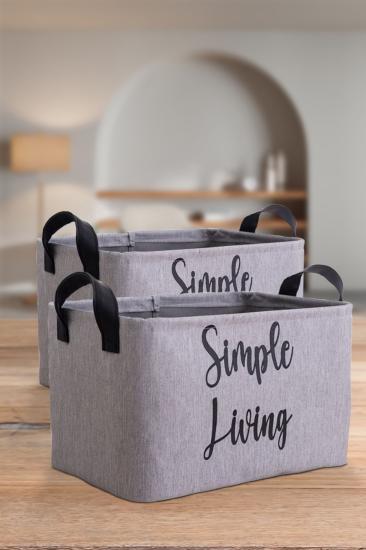 Gri Simple Living Baskılı Orta Boy 2’li Düzenleyici Saklama Sepeti Set 30x22x18