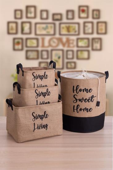 Jüt Home Sweet Home Baskılı Altı Garnili Çamaşı Oyuncak Saklama Sepeti Seti 37x40-37x27x25-30x20x18