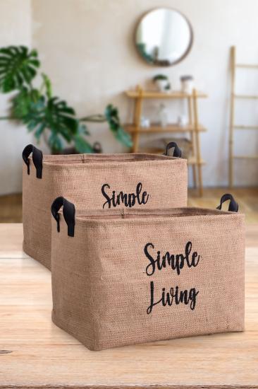 Jüt Simple Living Baskılı Küçük Boy 2’li Düzenleyici Saklama Sepeti Set 15x25x18