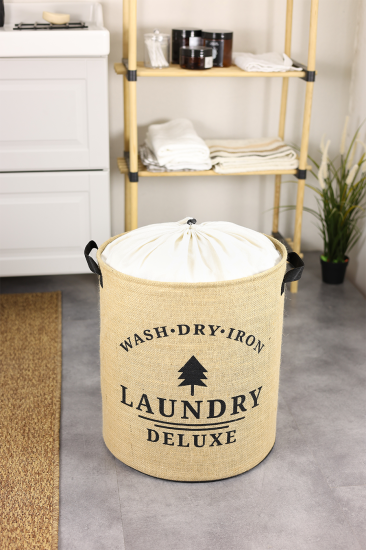 Laundry Deluxe Baskılı Fileli Jüt Katlanabilir Kıyafet Kirli Çamaşır Havlu Sepeti 37 x 40